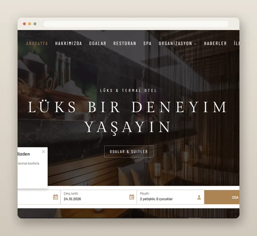 Questa Termal kurumsal web sitesi: rezervasyon widget’lı giriş ekranı.