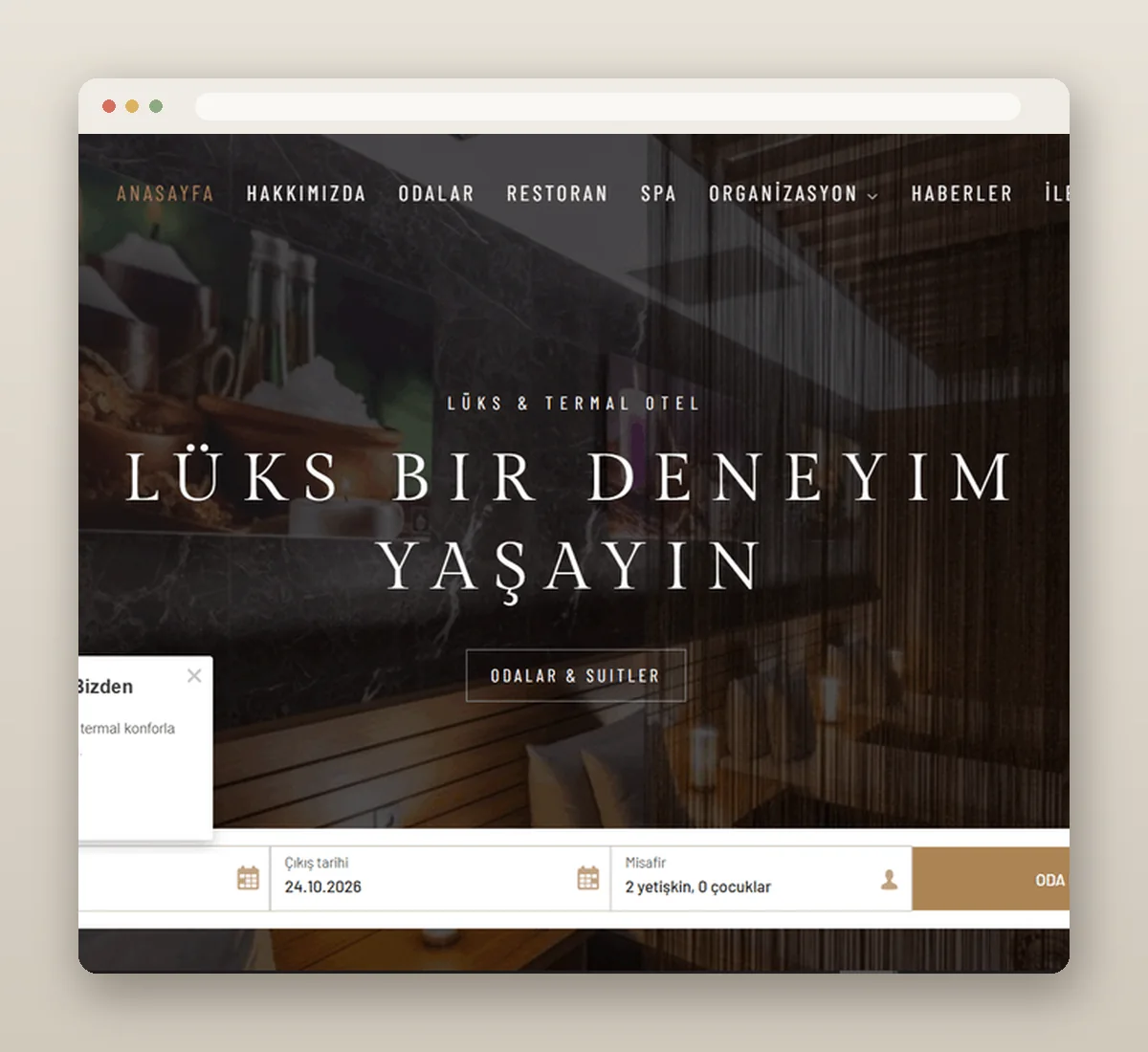 Questa Termal kurumsal web sitesi: rezervasyon widget’lı giriş ekranı.