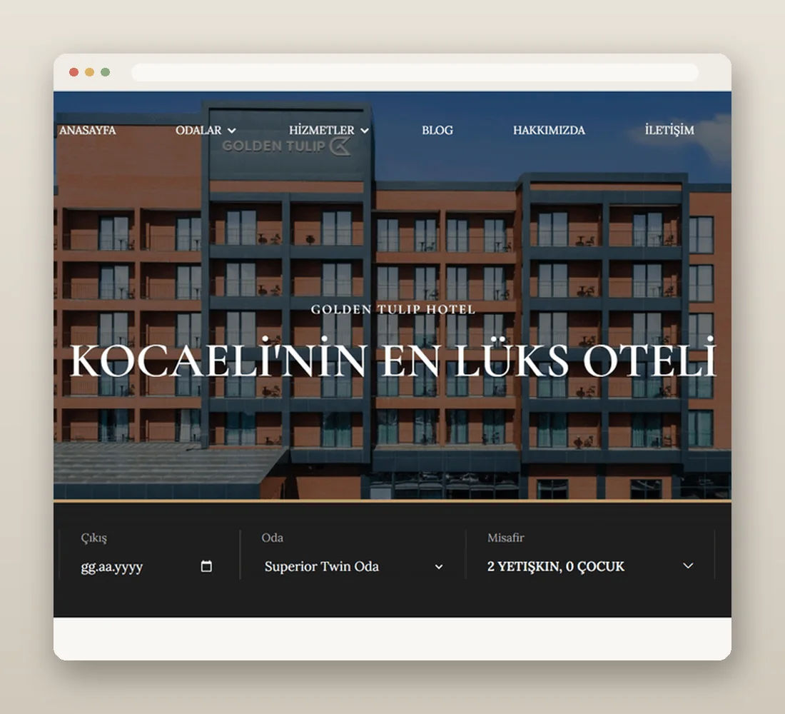 Golden Tulip Gebze kurumsal web sitesi: rezervasyon arama alanı.
