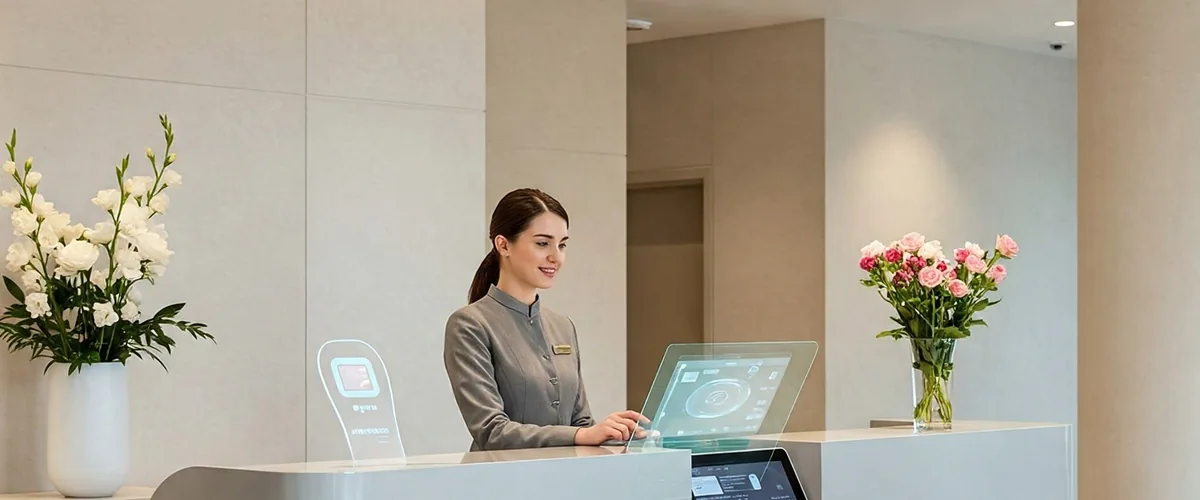 Otel lobisinde görevli ve misafir; otelin bilgi tabanından beslenen asistan tüm kanallarda aynı cevabı veriyor.