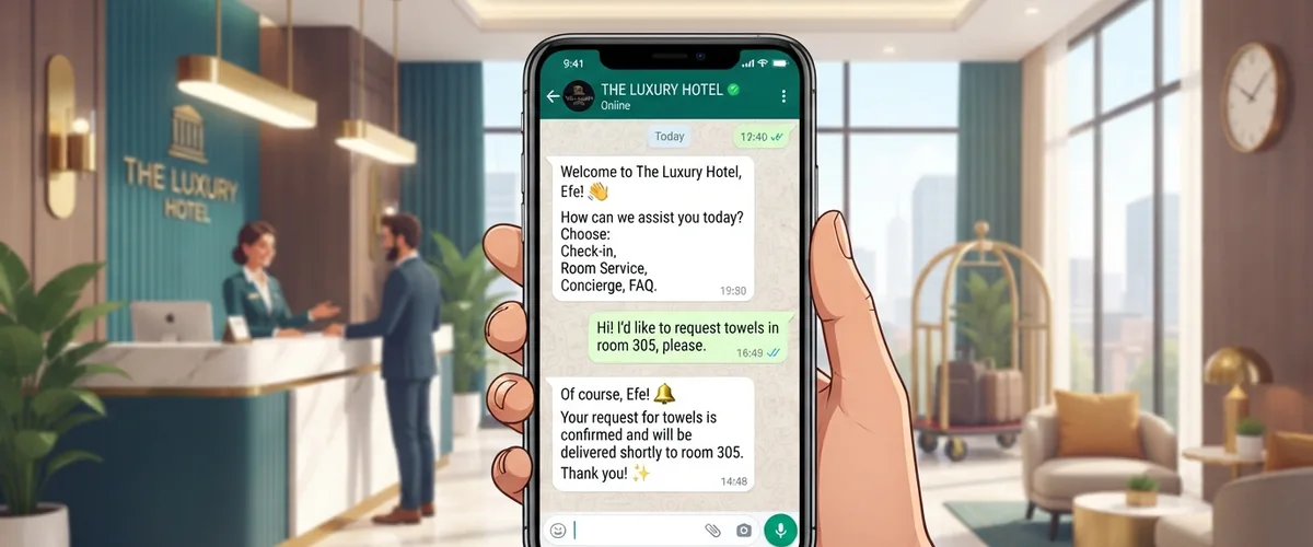 Otel resepsiyonunda misafir telefonundaki WhatsApp asistanı: giriş saati, transfer ve spa sorularına otomatik yanıt.