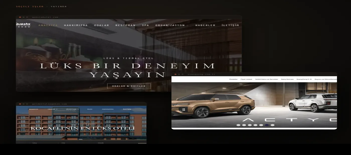 WDT Ajans işlerinden bir kesit: Questahotel, SsangYong Türkiye ve Golden Tulip Gebze web siteleri.