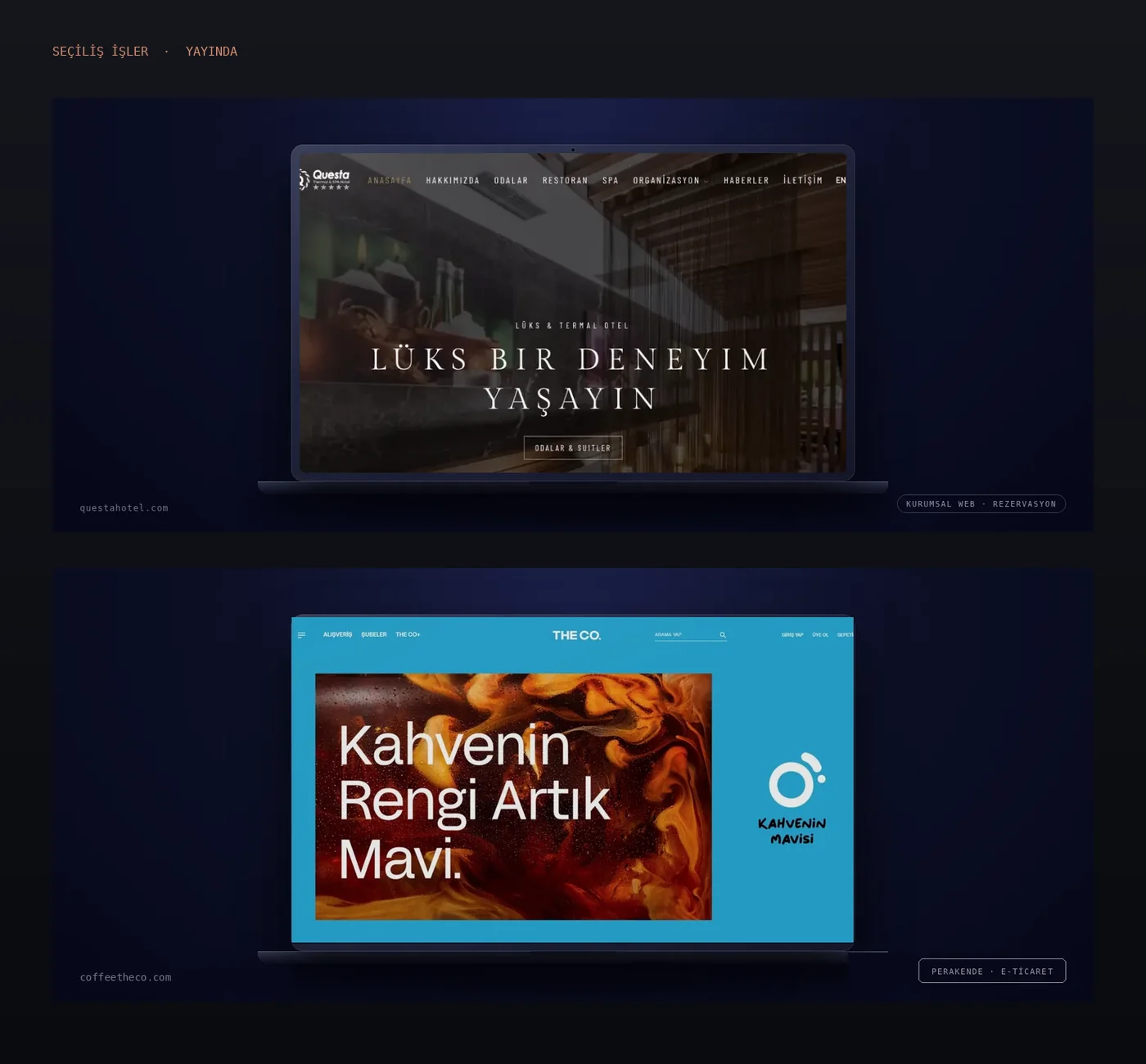 WDT Ajans seçili işleri: Questahotel kurumsal web sitesi ve THE CO. e-ticaret vitrini.