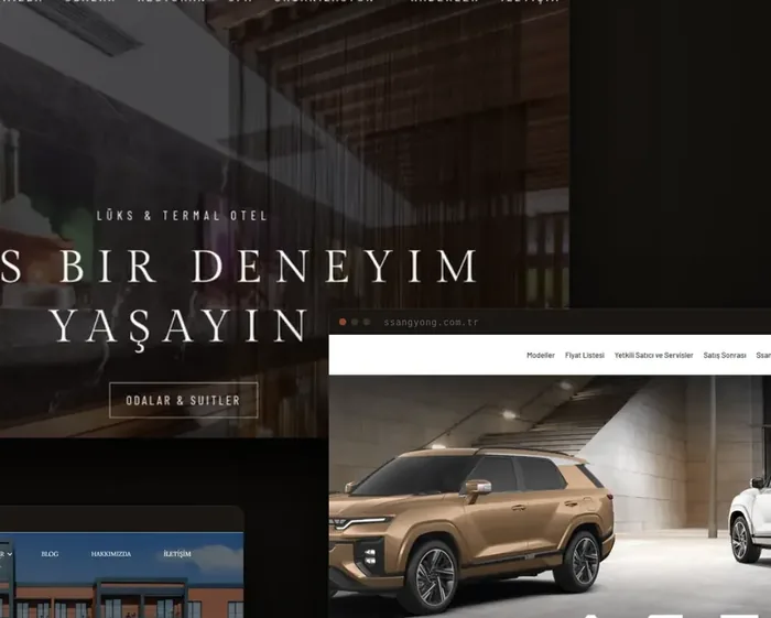 WDT Ajans işlerinden bir kesit: Questahotel, SsangYong Türkiye ve Golden Tulip Gebze web siteleri.