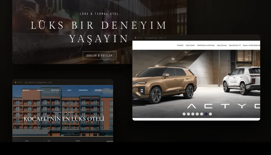WDT Ajans işlerinden bir kesit: Questahotel, SsangYong Türkiye ve Golden Tulip Gebze web siteleri.