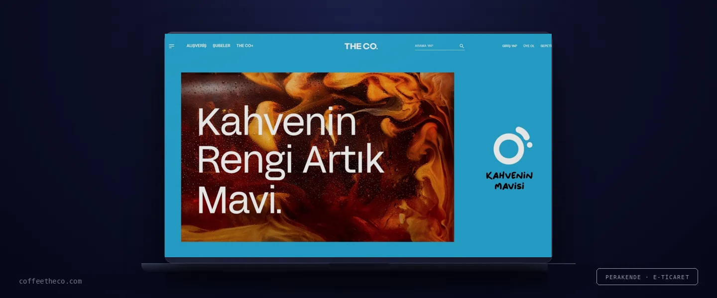 THE CO. e-ticaret sitesi ana sayfası: Kahvenin Rengi Artık Mavi kampanya görseli ve üst menü.